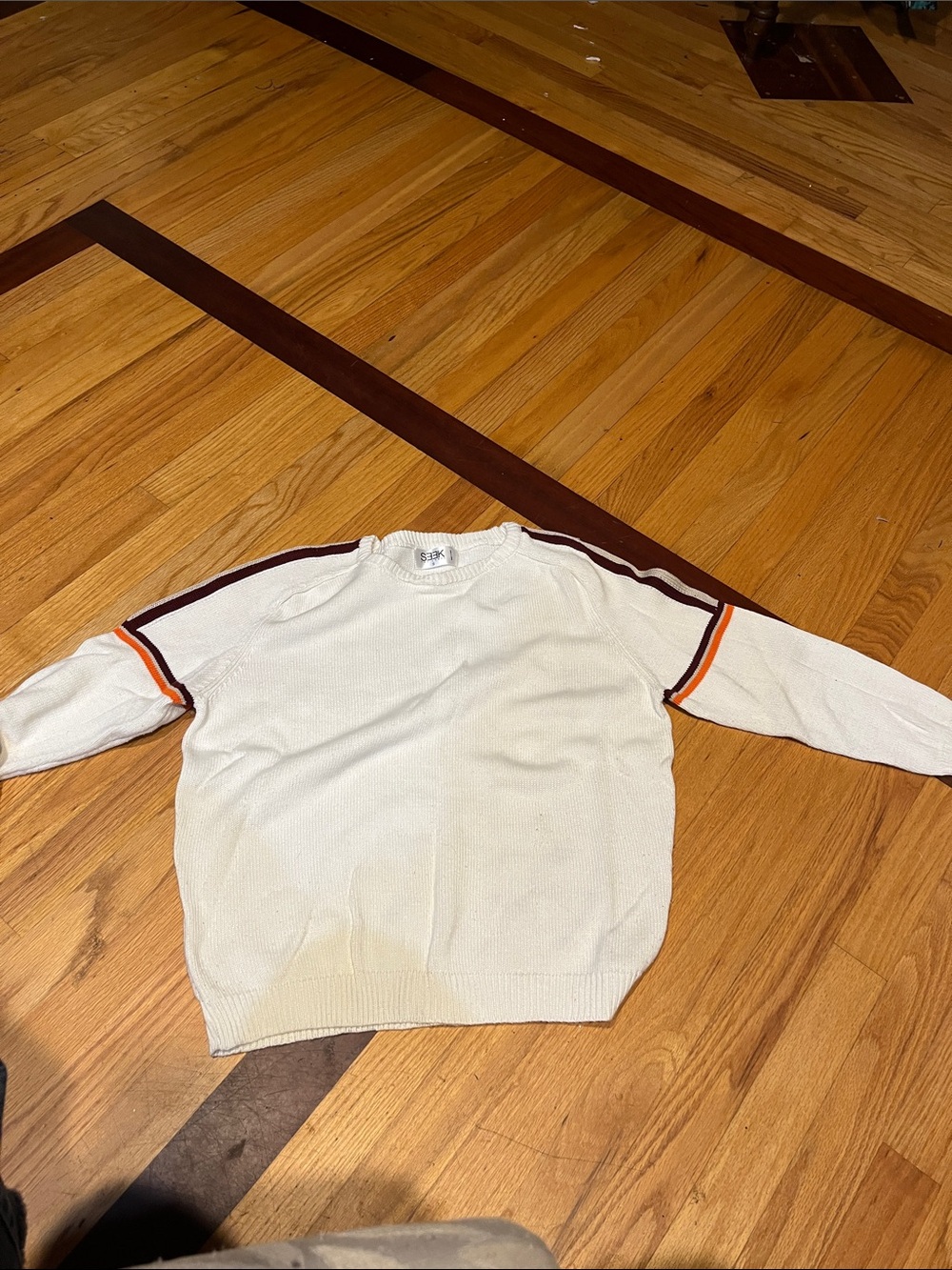 Cream Crewneck Sweater with Maroon and Orange Sleeve Stripes